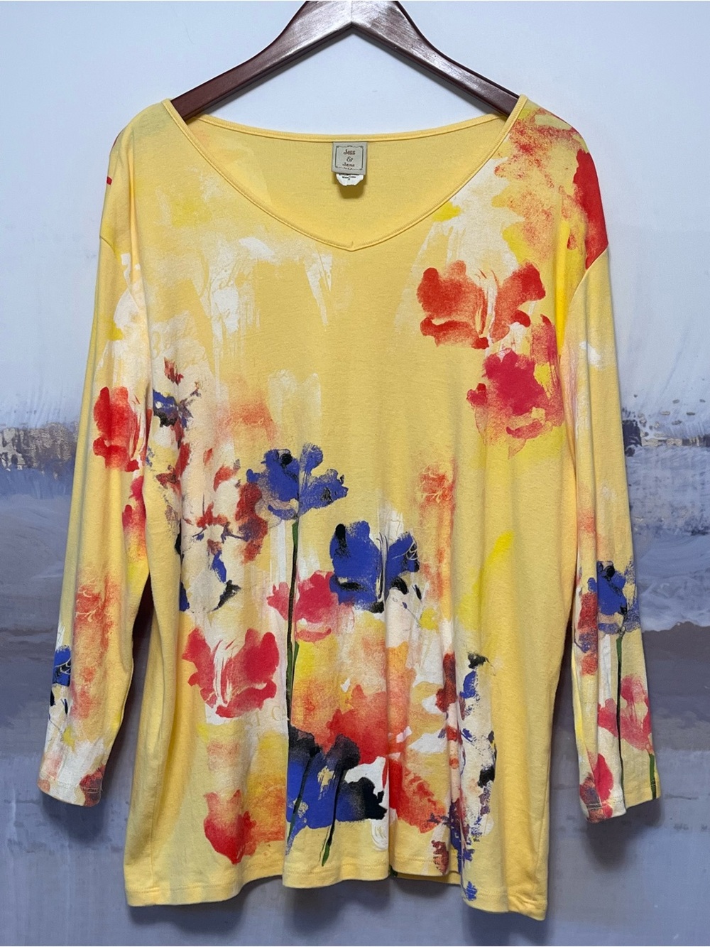Jess & Jane Watercolor Abstract Floral Tunic Top Yellow Multicolor Cotton Sz 1X